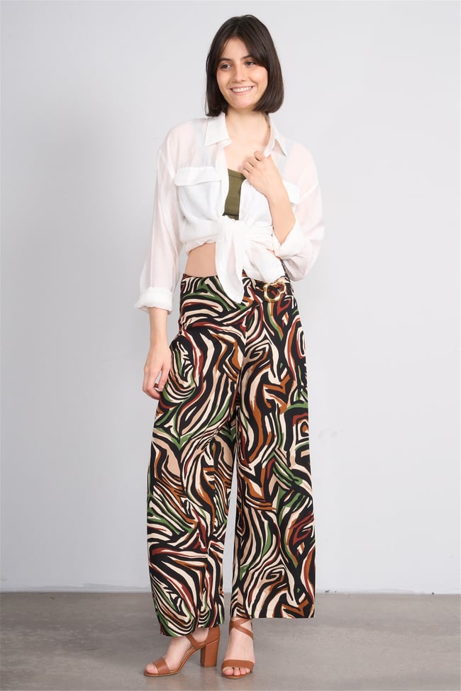 Fithit 7015 Bayan Viskon Geniş Paça Pantolon Renkli Zebra Desen