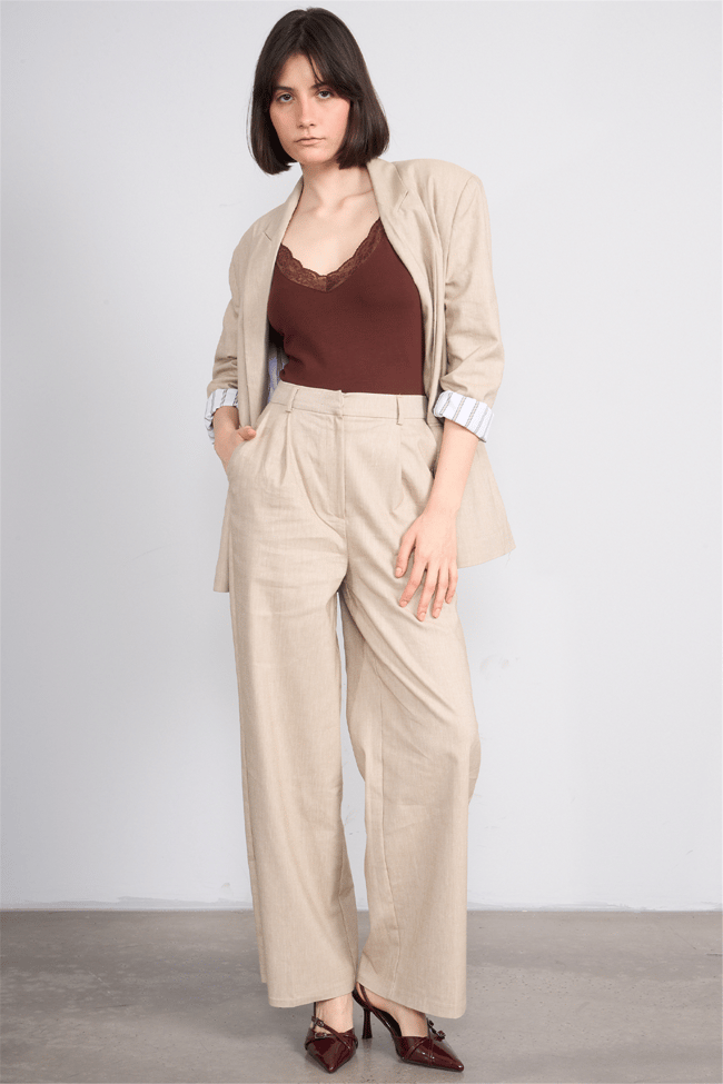 Fithit 7097 Bayan Loose Fit Geniş Paça Pantolon Bej