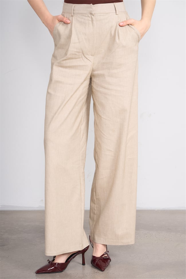 Fithit 7097 Bayan Loose Fit Geniş Paça Pantolon Bej