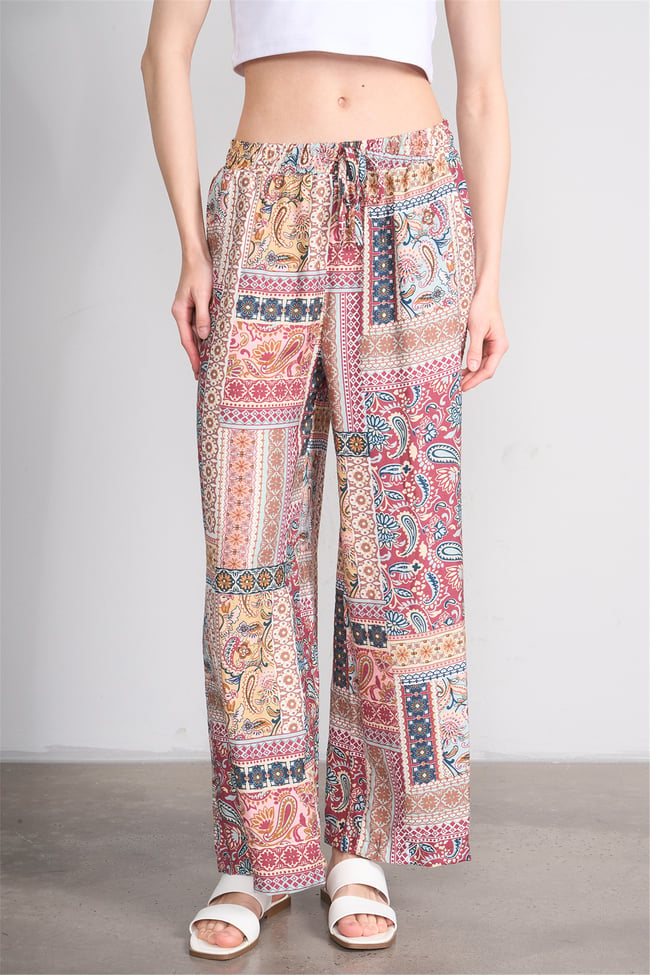 Fithit 7496 Bayan Viskon Geniş Paça Pantolon Patchwork Desen