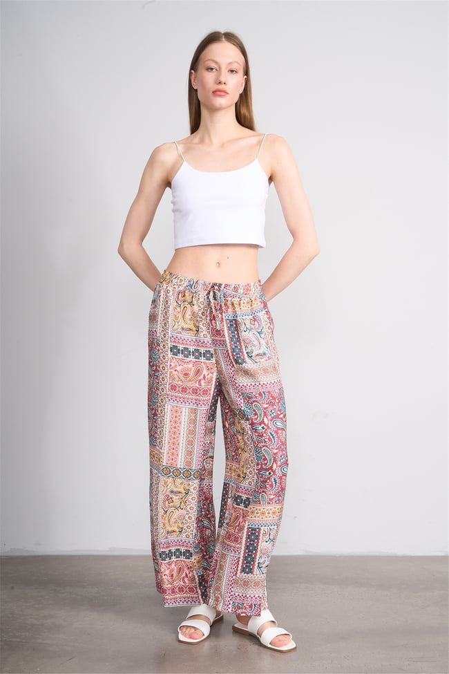Fithit 7496 Bayan Viskon Geniş Paça Pantolon Patchwork Desen