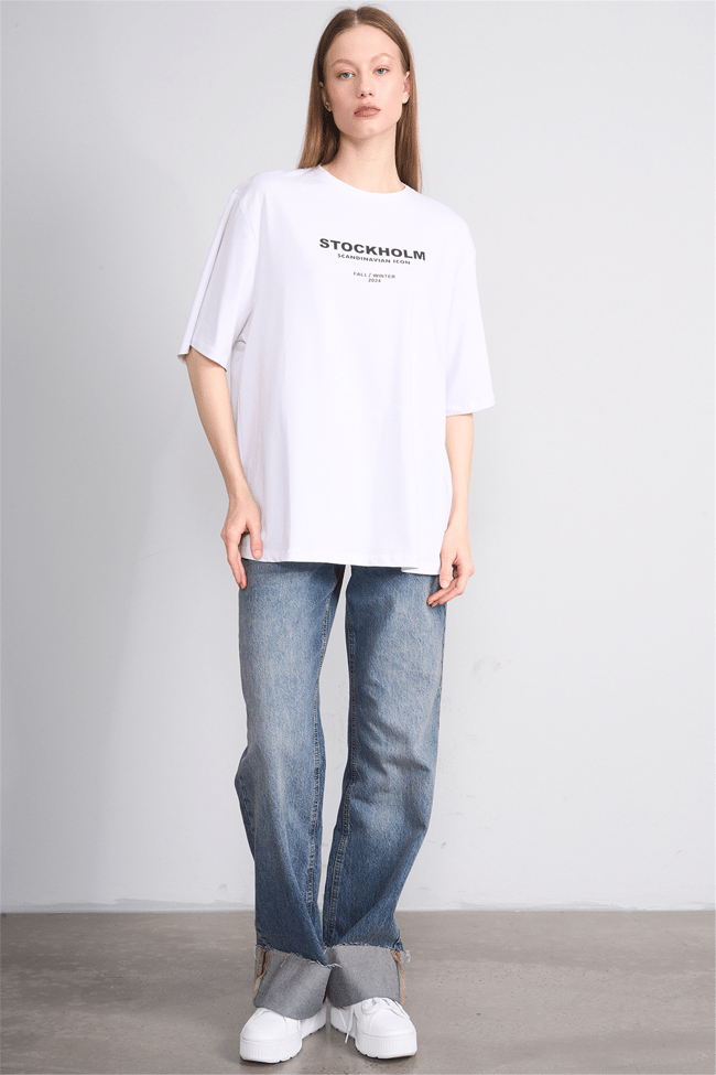 Helly Y26 Mb-6056 Ekru Kadın Stockholm Yazı Baskılı T-Shirt