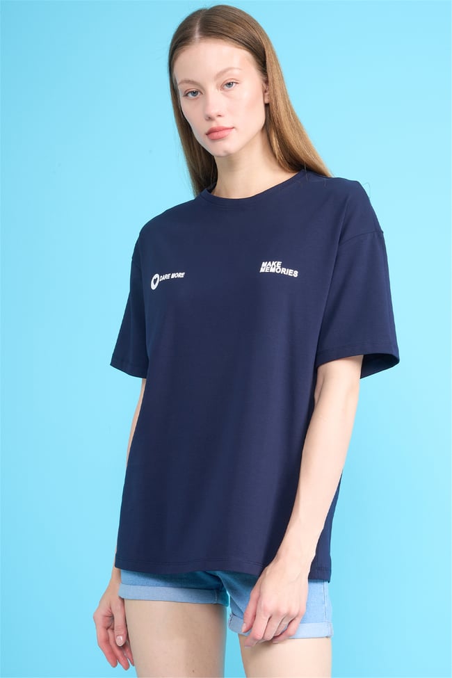 Helly Y26 Mb-7897 Lacivert Kadın Yazılı T-Shirt S-Xl