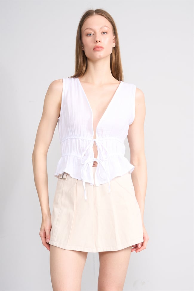 Helly Y26 My-7082 Ekru Kadın Müslin Kolsuz Bluz S-Xl