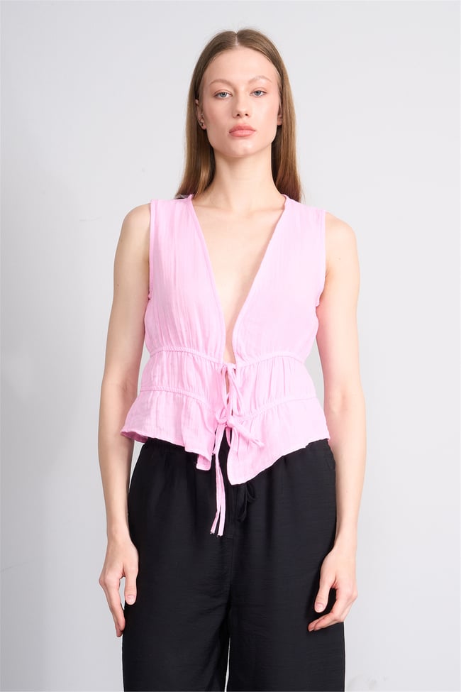 Helly Y26 My-7082 Pembe Kadın Müslin Kolsuz Bluz S-Xl