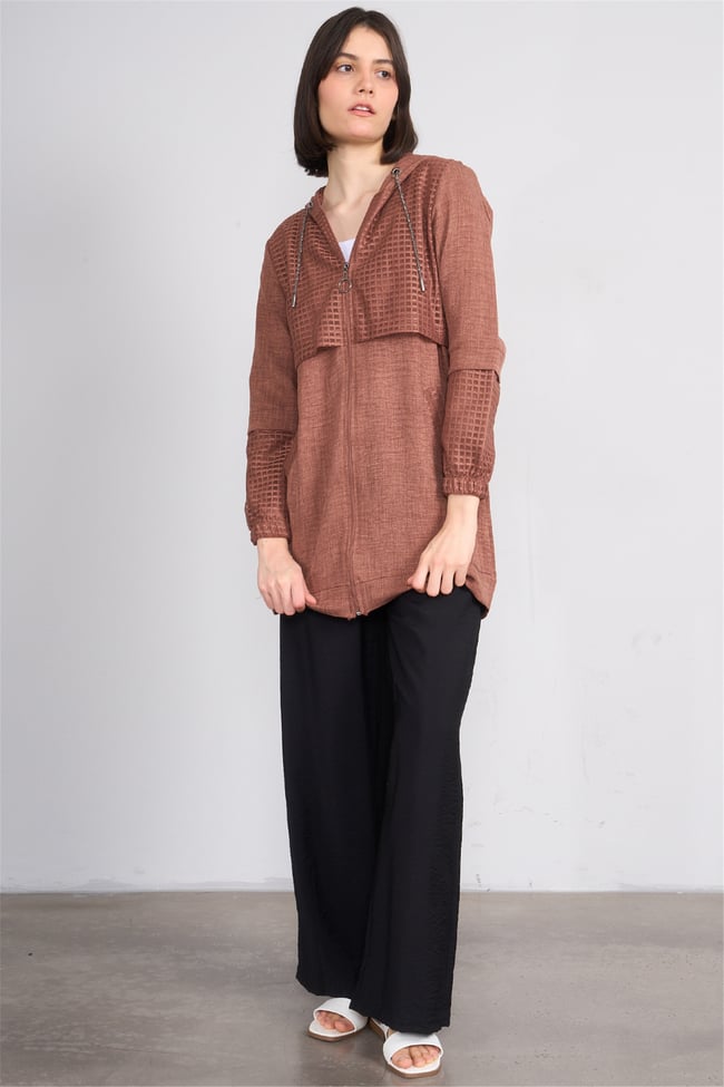 Hısset Y26 C53063 Kahve Kadın Keten Fıle Garnılı  Kap
