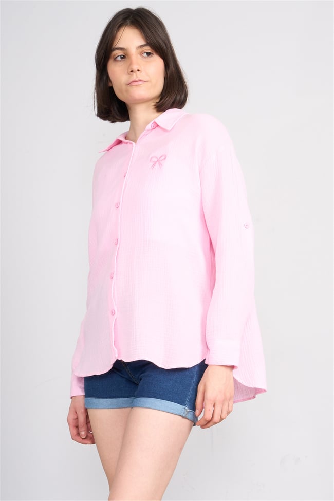 Hisset Y26 Gt1128 Pembe Kadın Kurdelelı Müslin Gömlek 38-44