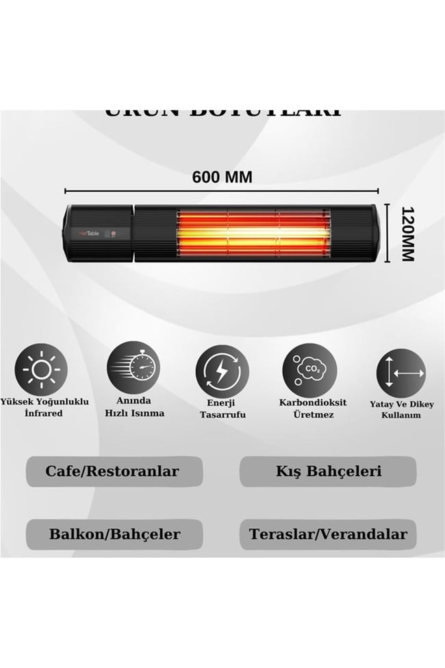 Hottable Classic Plus Duvar Tipi Dış Mekan İnfrared Isıtıcı 2000 Watt (U.kumandalı 5 kademe Isı ayarı)