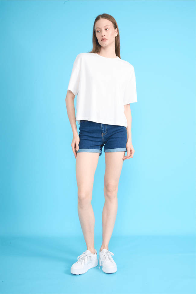 Ikoll Y26 1004503 Ekru Kadın Basic Crop T-shirt