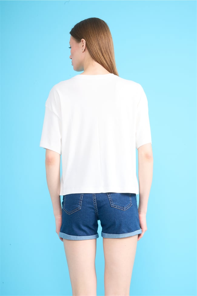 Ikoll Y26 1004503 Ekru Kadın Basic Crop T-shirt