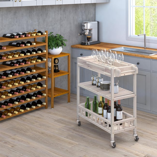 İnterbuild Masif Akasya Ahşap Holger Tepsili Servis Arabası (799x349x850 mm) Organik Beyaz - 675057