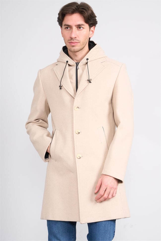 Kagı 2509 Bej Erkek Kapusonlu Kase Kaban