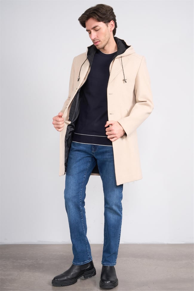 Kagı 2509 Bej Erkek Kapusonlu Kase Kaban