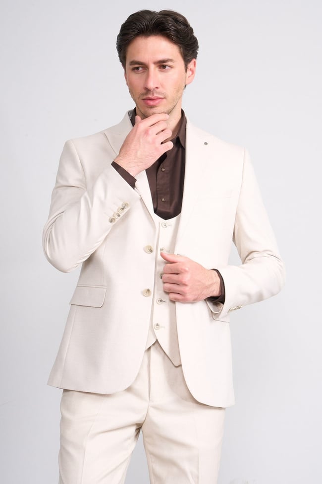 Kagi Y26 Monza Slim Fit Yelekli Takım Elbise Bej