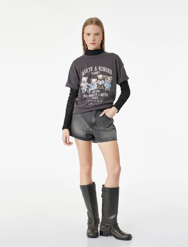 Koton Y26 6Sal10107Ik 927 Antrasıt Kadın Jersey Kısa Kol T-shirt