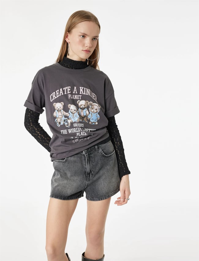 Koton Y26 6Sal10107Ik 927 Antrasıt Kadın Jersey Kısa Kol T-shirt