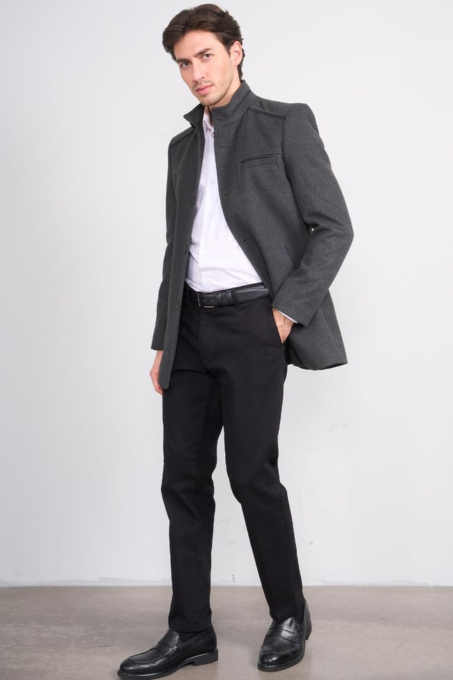 Kurpa 7851 A.Grı Erkek Dık Yaka Dugmelı Gömlek Cep Kase Kaban