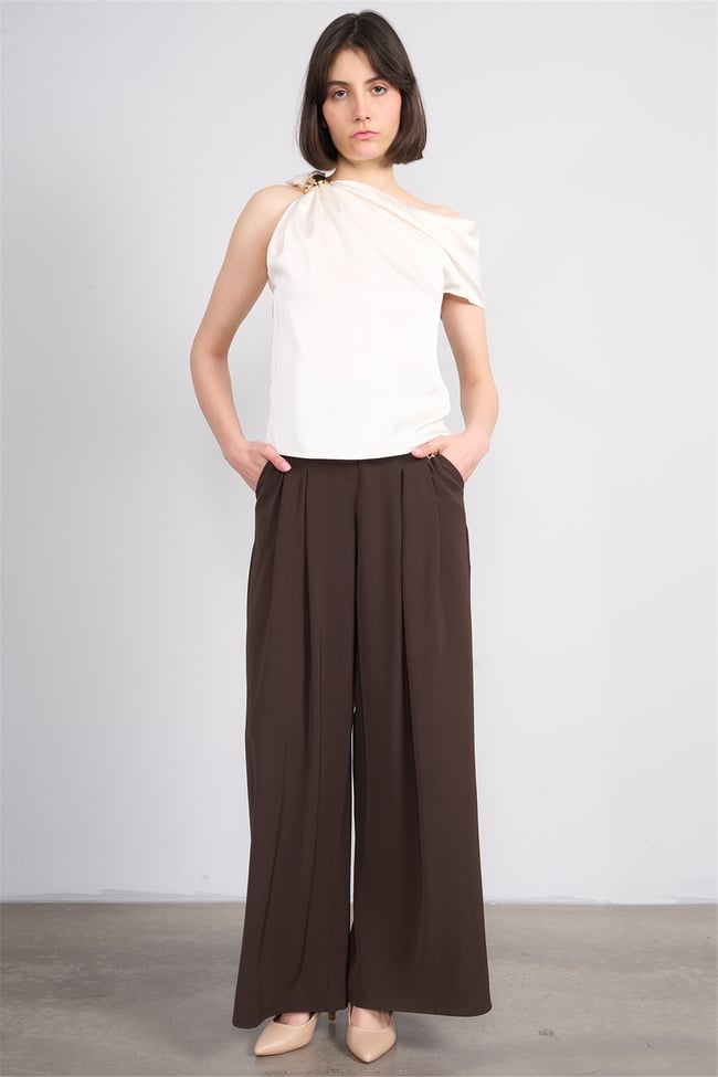 Lefon 071821 Krem Omzu Tokalı Asimetrik Yakalı Bluz 36-42