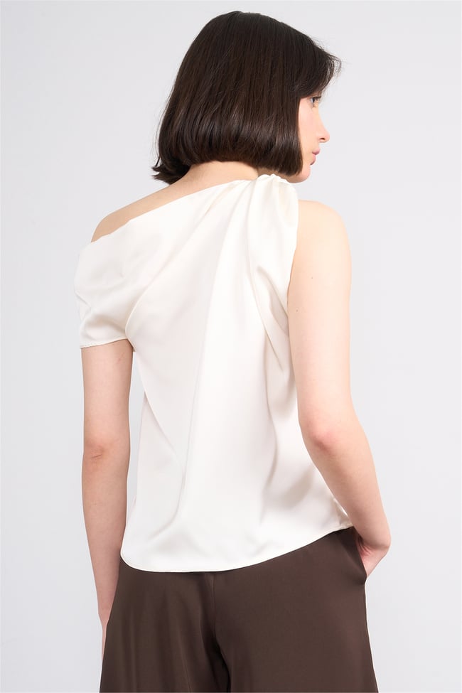 Lefon 071821 Krem Omzu Tokalı Asimetrik Yakalı Bluz 36-42