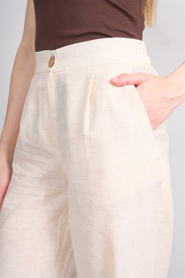 Lefon Y26 031632-K Naturel Kadın Duz Paca Keten Pantolon