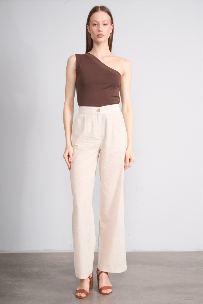 Lefon Y26 031632-K Naturel Kadın Duz Paca Keten Pantolon