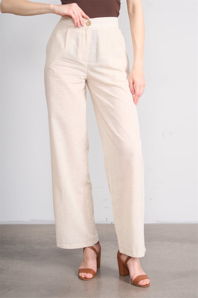 Lefon Y26 031632-K Naturel Kadın Duz Paca Keten Pantolon