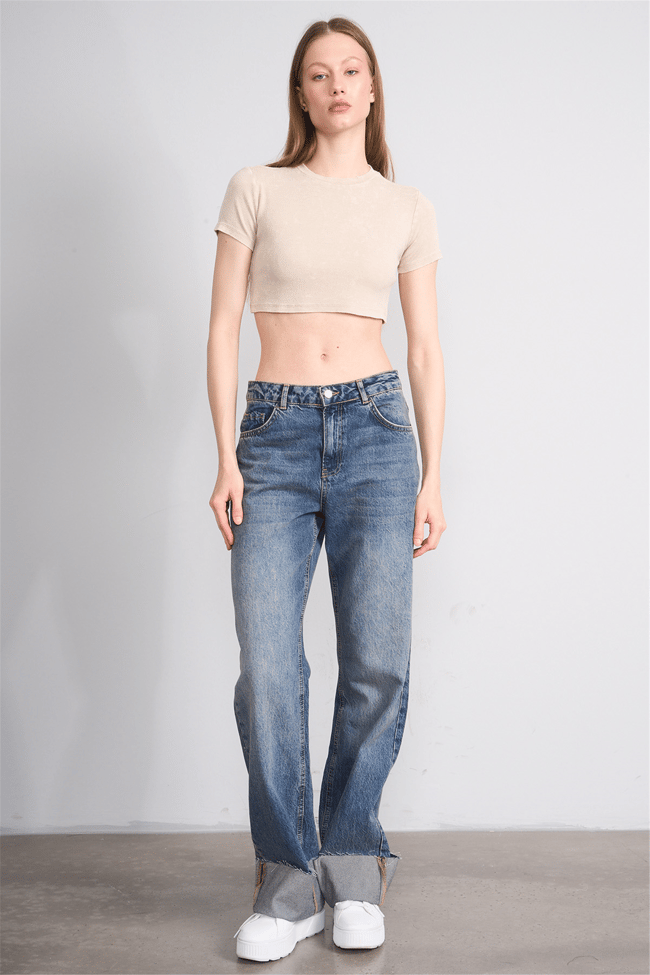 Lefon Y26 050503-K Bej Kadın Yıkamalı Orme Kaşkorse Crop