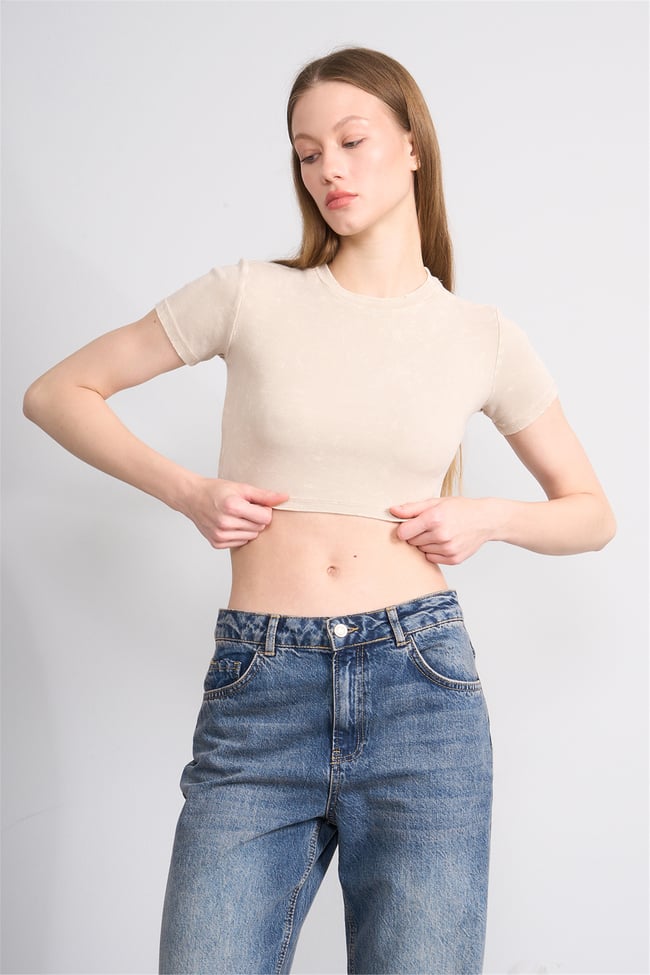 Lefon Y26 050503-K Bej Kadın Yıkamalı Orme Kaşkorse Crop
