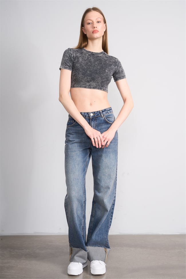 Lefon Y26 050503-K Gri Kadın Yıkamalı Orme Kaşkorse Crop