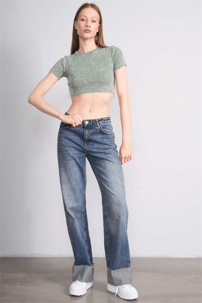Lefon Y26 050503-K Haki Kadın Yıkamalı Orme Kaşkorse Crop