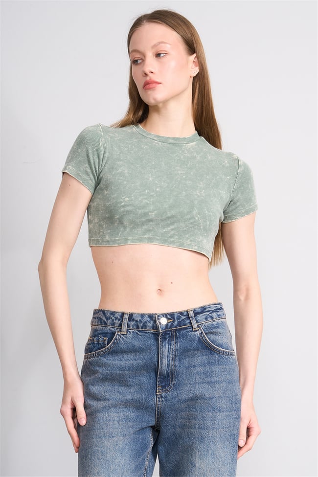 Lefon Y26 050503-K Haki Kadın Yıkamalı Orme Kaşkorse Crop
