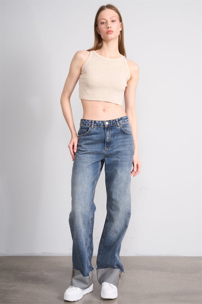 Lefon Y26 060168-K Bej Kadın Bisiklet Yaka Kolsuz Orme Kaşkorse Crop T-Shirt