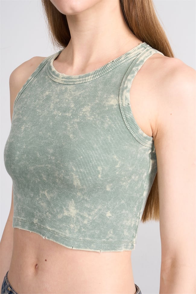 Lefon Y26 060168-K Haki Kadın Bisiklet Yaka Kolsuz Orme Kaşkorse Crop T-Shirt