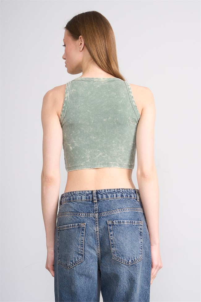 Lefon Y26 060168-K Haki Kadın Bisiklet Yaka Kolsuz Orme Kaşkorse Crop T-Shirt