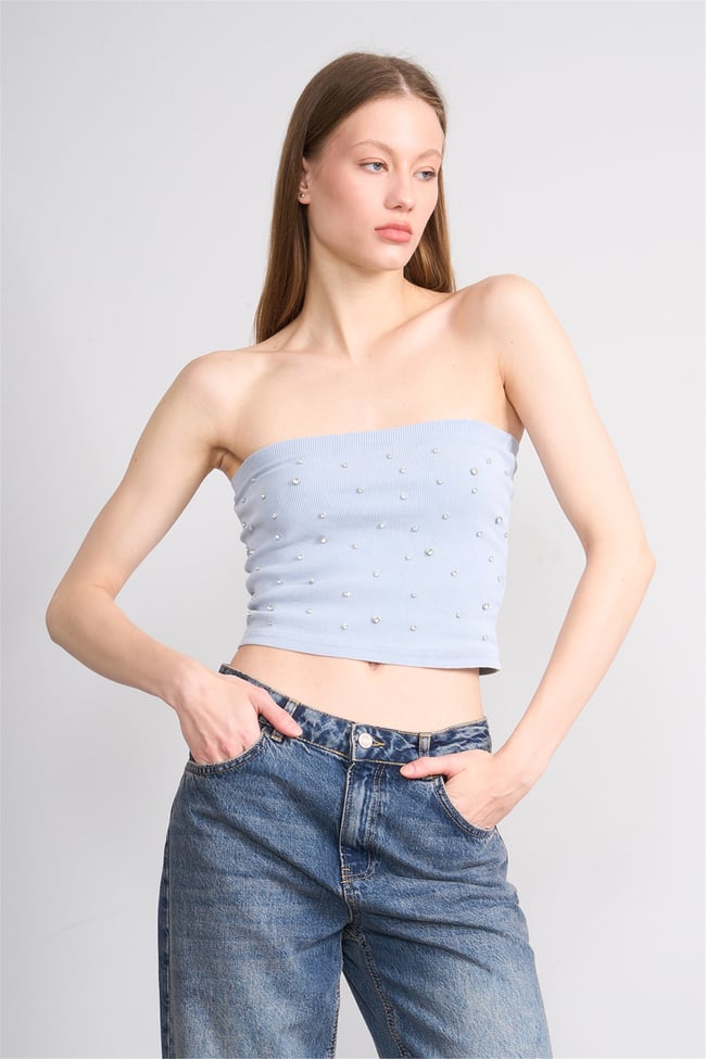 Lefon Y26 060173-K Bebe Mavi Kadın Taşlı Straplez Orme Kaşkorse T-Shirt