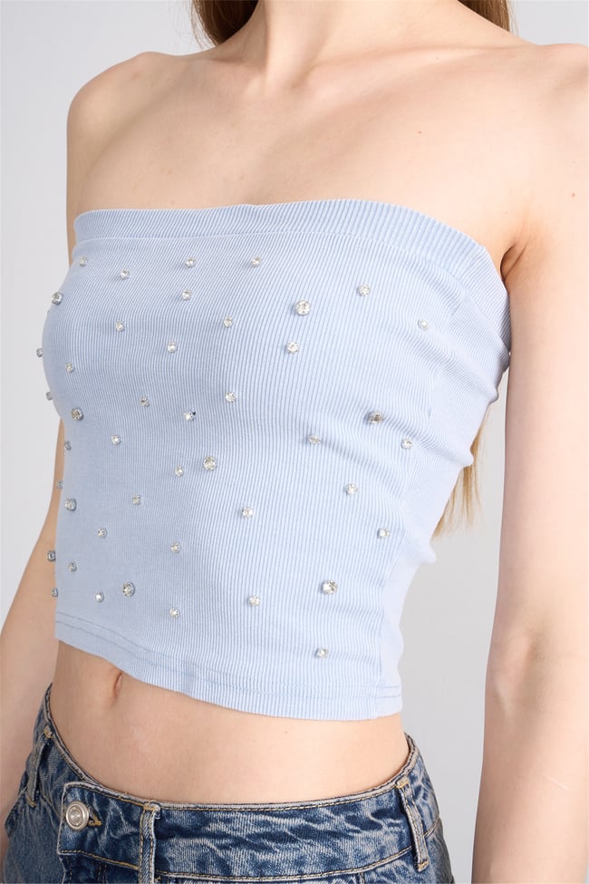 Lefon Y26 060173-K Bebe Mavi Kadın Taşlı Straplez Orme Kaşkorse T-Shirt