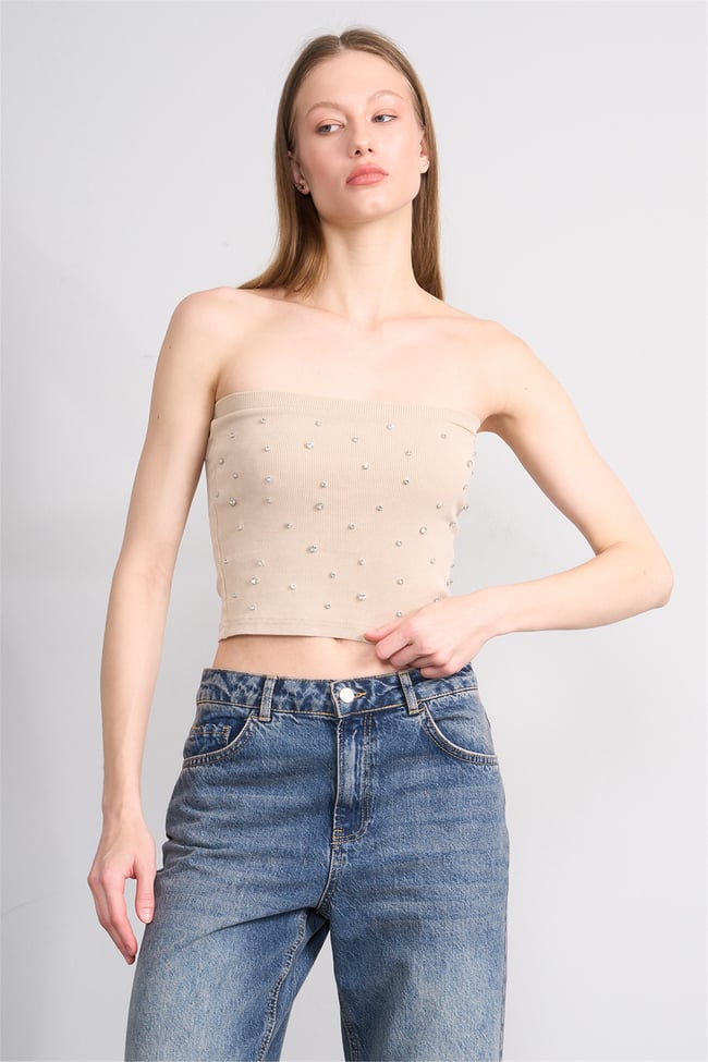 Lefon Y26 060173-K Bej Kadın Taşlı Straplez Orme Kaşkorse T-Shirt