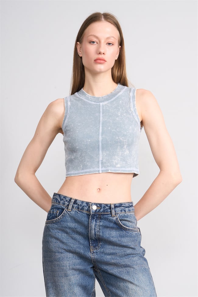 Lefon Y26 060174-K Bebe Mavi Kadın Karyoka Dikiş Detaylı Orme Kaşkorse Crop