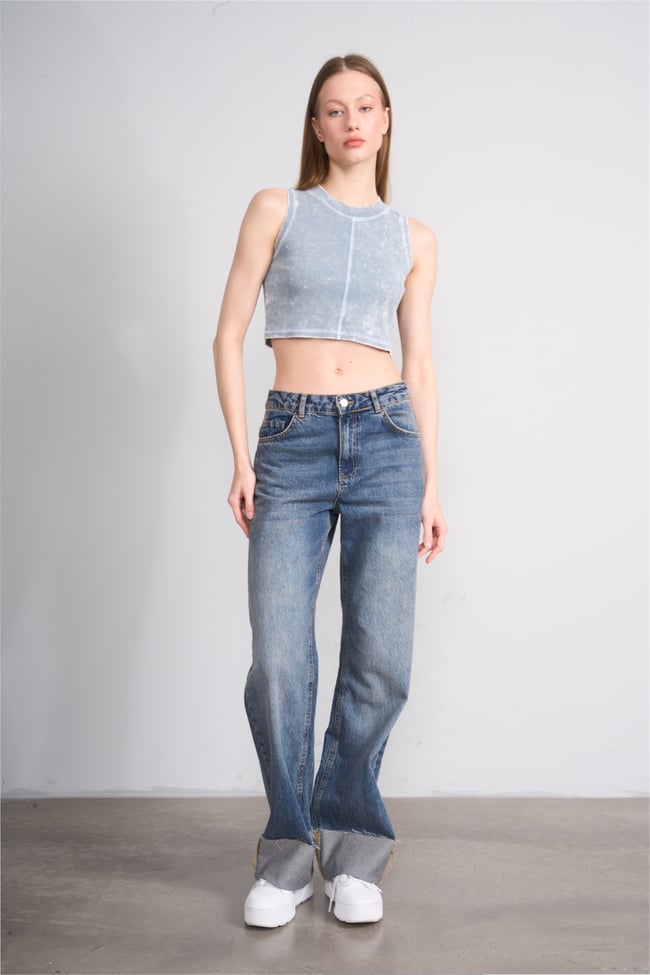Lefon Y26 060174-K Bebe Mavi Kadın Karyoka Dikiş Detaylı Orme Kaşkorse Crop