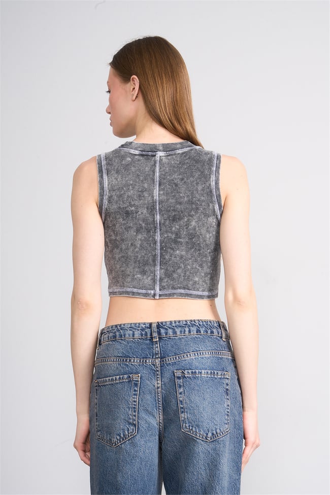 Lefon Y26 060174-K Gri Kadın Karyoka Dikiş Detaylı Orme Kaşkorse Crop