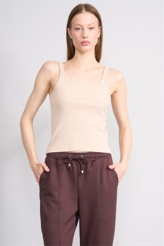 Lefon Y26 071693-K Bej Kadın Acık Yaka Kaşkorse Crop ( Askılı Crop Atlet)