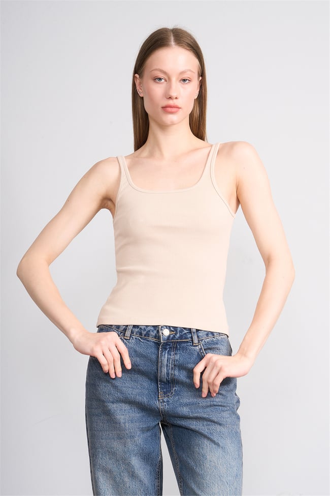 Lefon Y26 071693-K Bej Kadın Acık Yaka Kaşkorse Crop ( Askılı Crop Atlet)