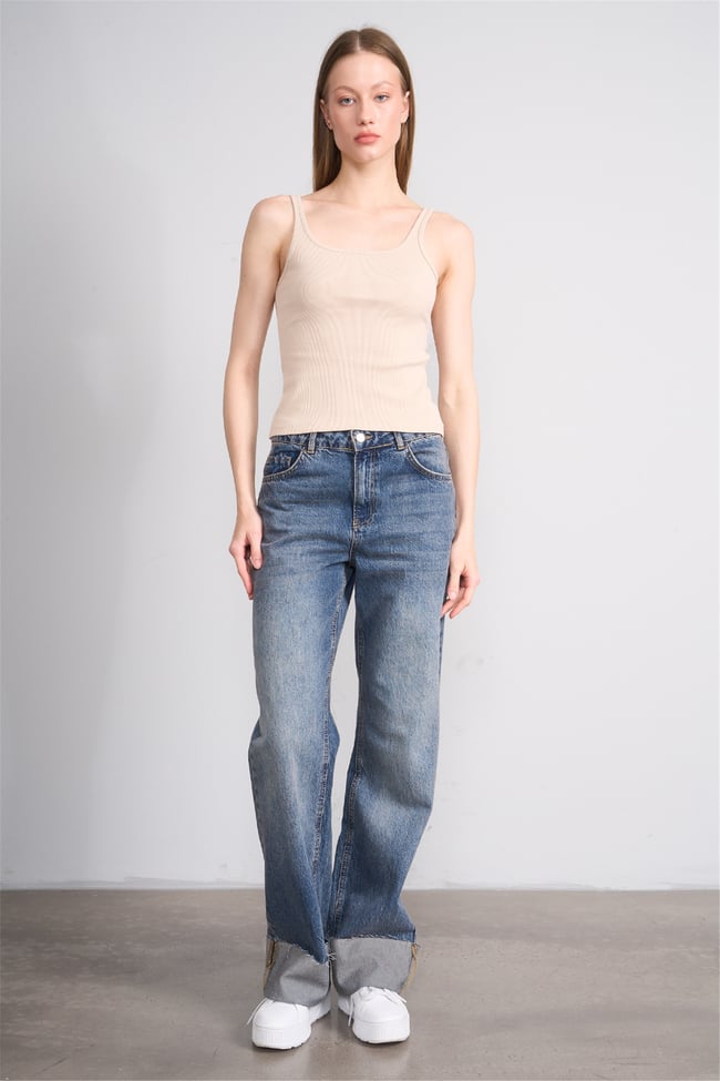 Lefon Y26 071693-K Bej Kadın Acık Yaka Kaşkorse Crop ( Askılı Crop Atlet)