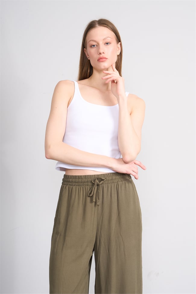 Lefon Y26 071693-K Beyaz Kadın Acık Yaka Kaşkorse Crop ( Askılı Crop Atlet)