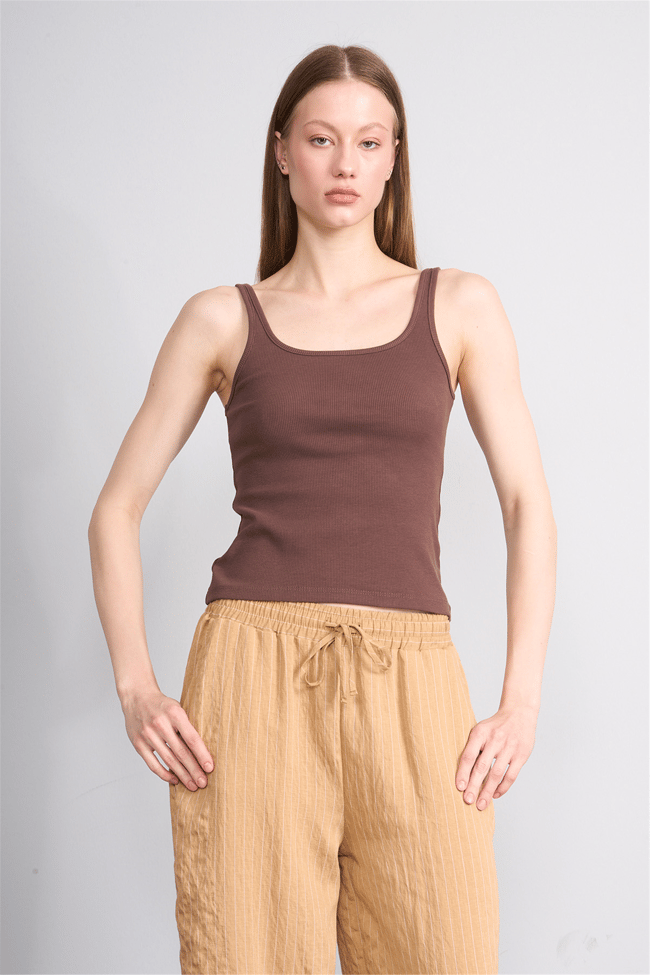 Lefon Y26 071693-K Kahve Kadın Acık Yaka Kaşkorse Crop ( Askılı Crop Atlet)