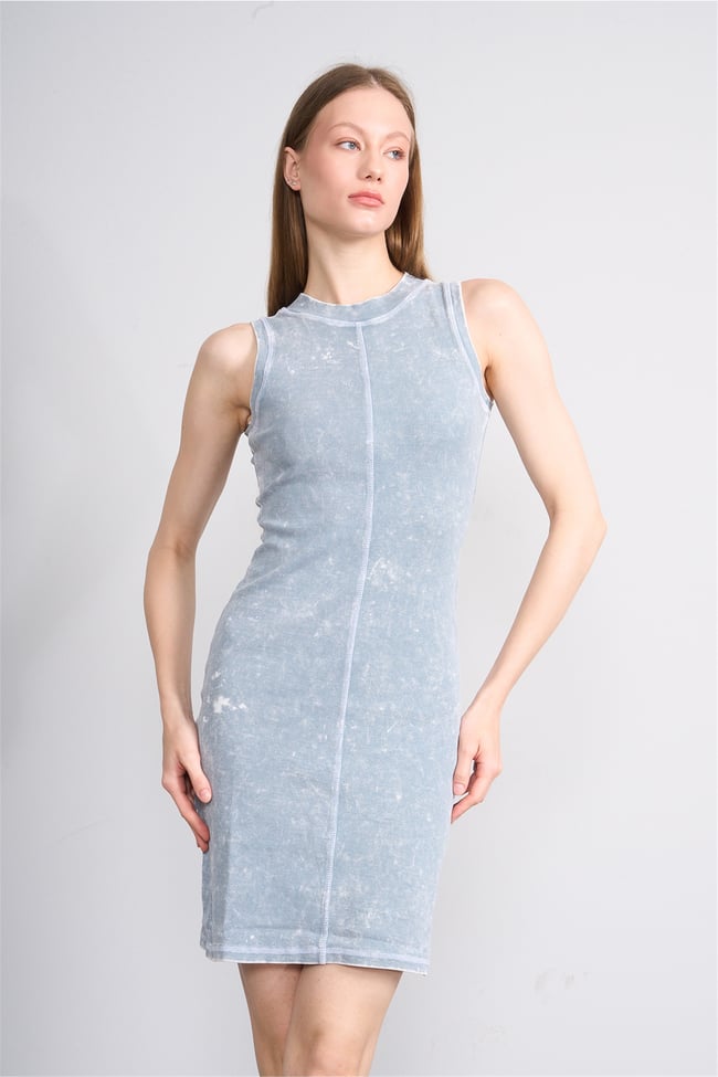 Lefon Y26 111287-K Bebe Mavi Kadın Dikiş Detaylı Kolsuz Kısa Orme Kaşkorse Elbise