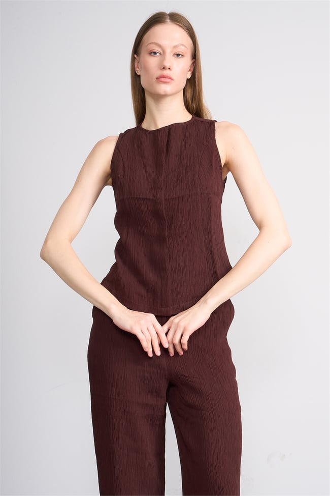 Lefon Y26 220563-K Kahve Kadın Bisiklet Yaka Yelek Ve Pantolon Takım