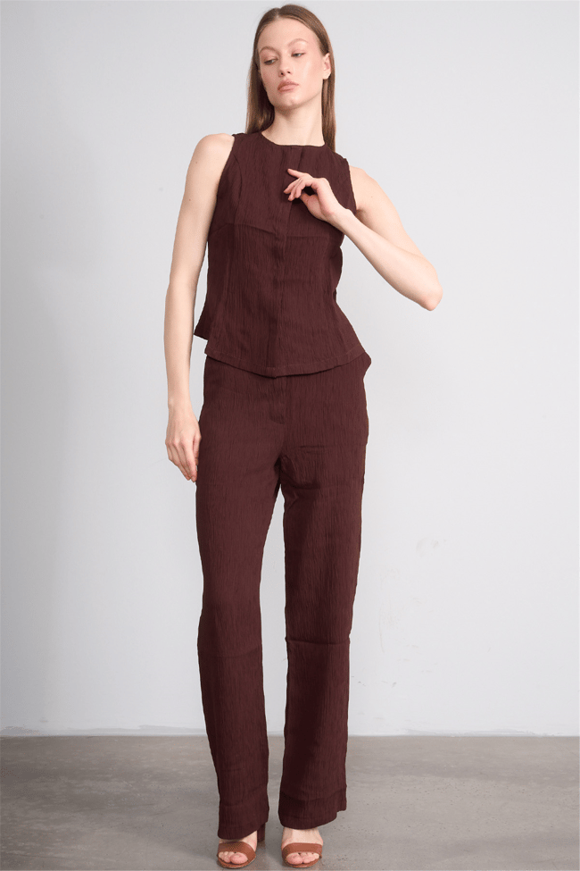 Lefon Y26 220563-K Kahve Kadın Bisiklet Yaka Yelek Ve Pantolon Takım