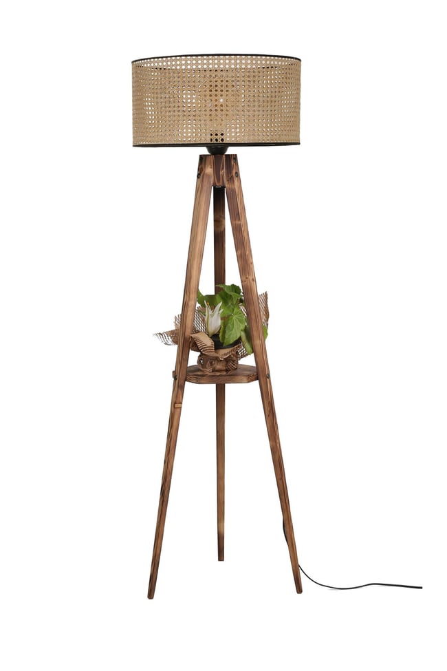Lumexx Sehbalı Tripod Lambader Yanık Silindir Rattan Abajurlu