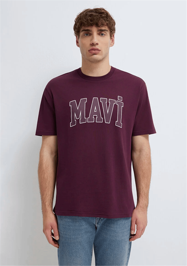 Mavı M0611711-70434 Sarap Bordo Erkek Oversıze Mavı Logo Baskılı T-Shırt